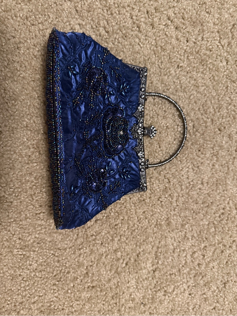 Beaded Satin Evening Clutch in Deep Blue